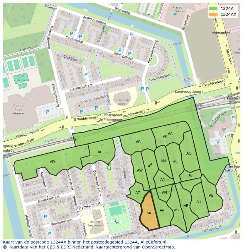 Afbeelding van het postcodegebied 1324 AX op de kaart.