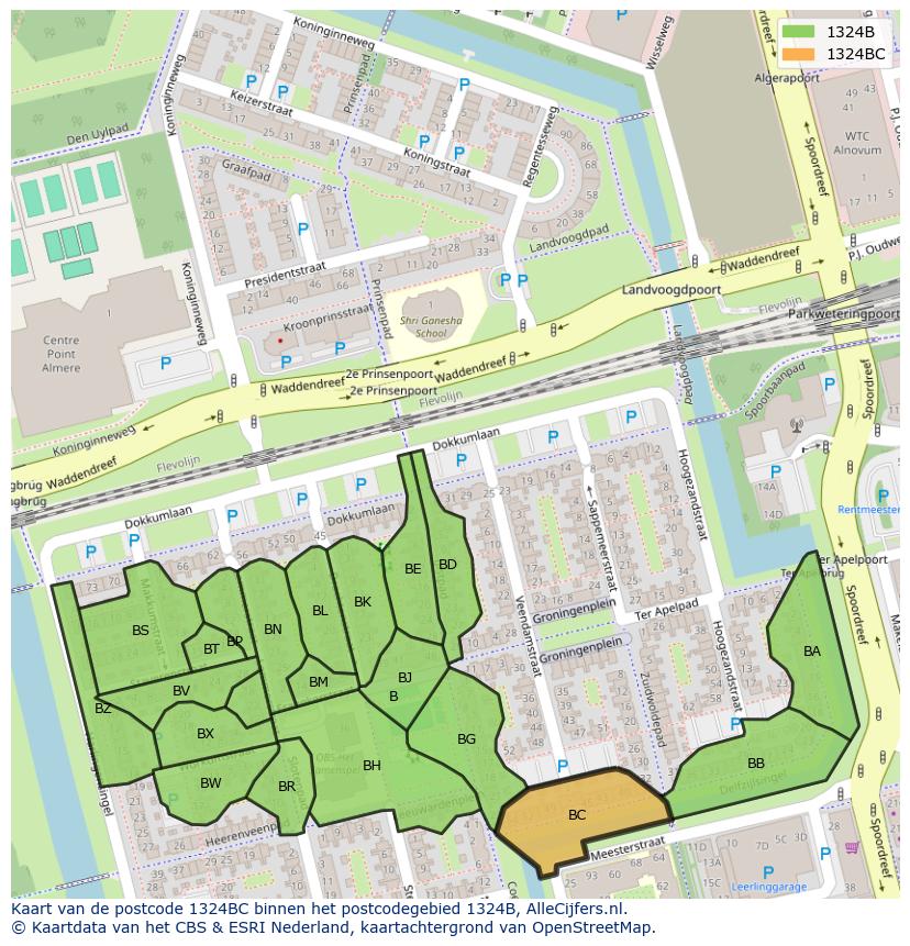 Afbeelding van het postcodegebied 1324 BC op de kaart.