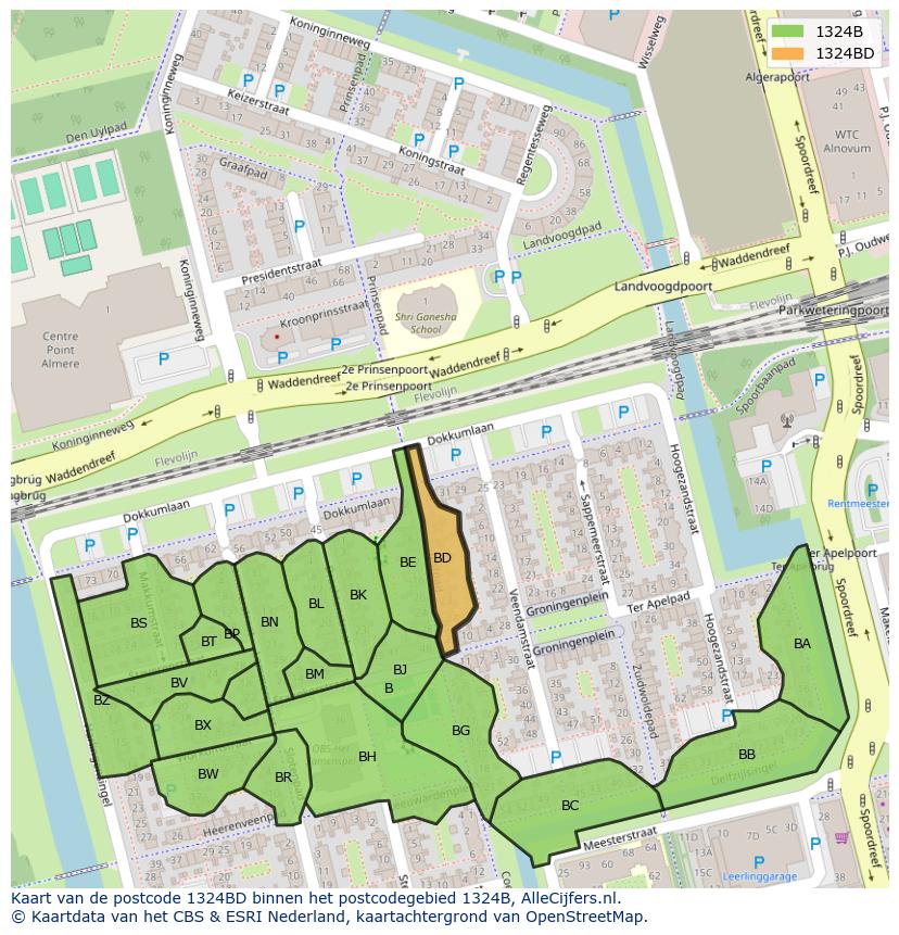 Afbeelding van het postcodegebied 1324 BD op de kaart.