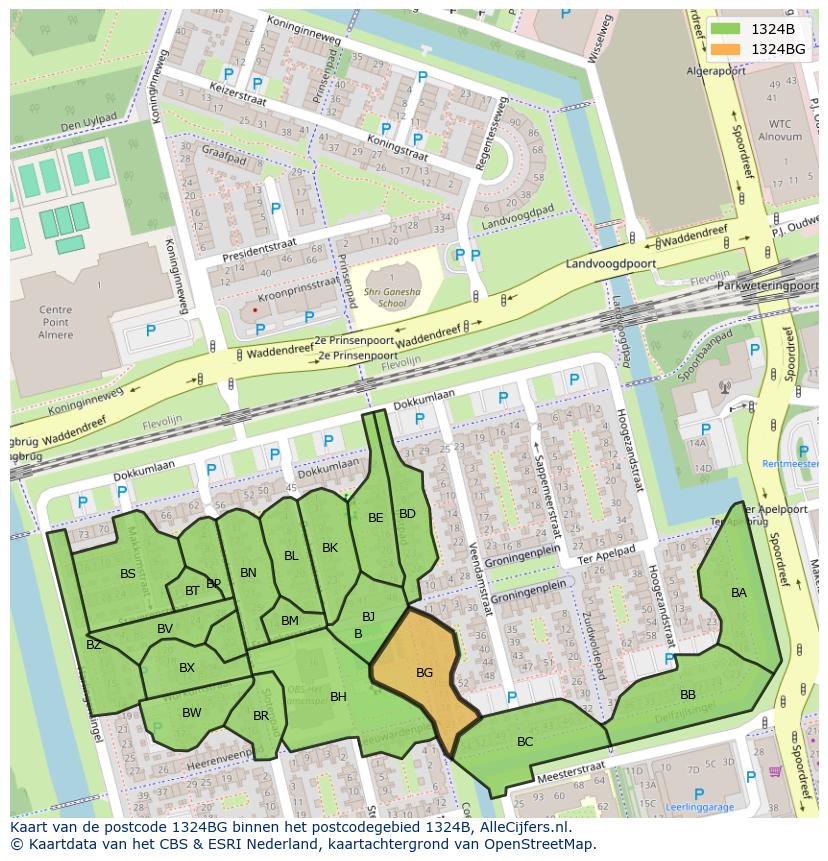 Afbeelding van het postcodegebied 1324 BG op de kaart.