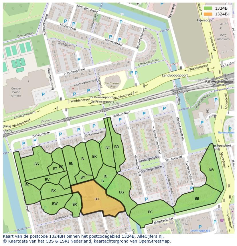 Afbeelding van het postcodegebied 1324 BH op de kaart.