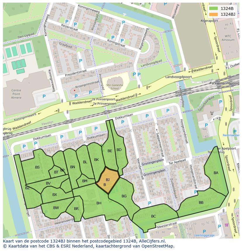 Afbeelding van het postcodegebied 1324 BJ op de kaart.