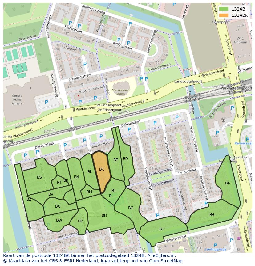 Afbeelding van het postcodegebied 1324 BK op de kaart.