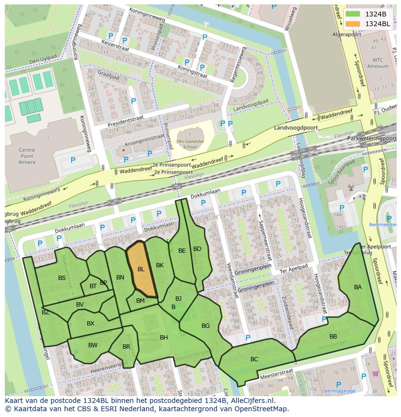 Afbeelding van het postcodegebied 1324 BL op de kaart.