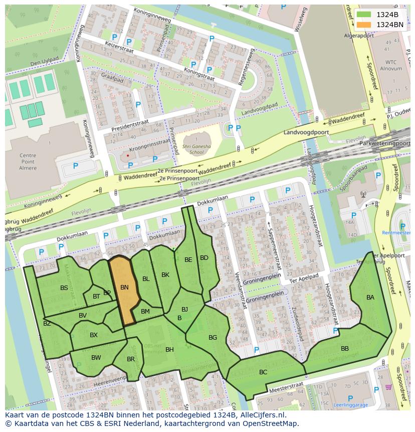 Afbeelding van het postcodegebied 1324 BN op de kaart.