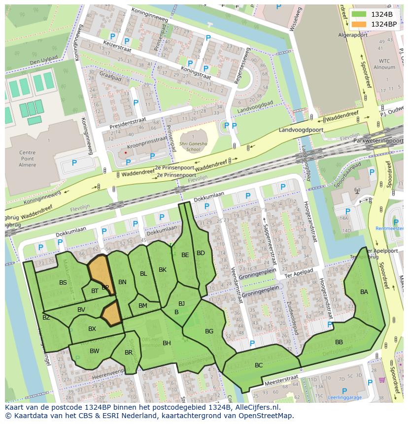 Afbeelding van het postcodegebied 1324 BP op de kaart.