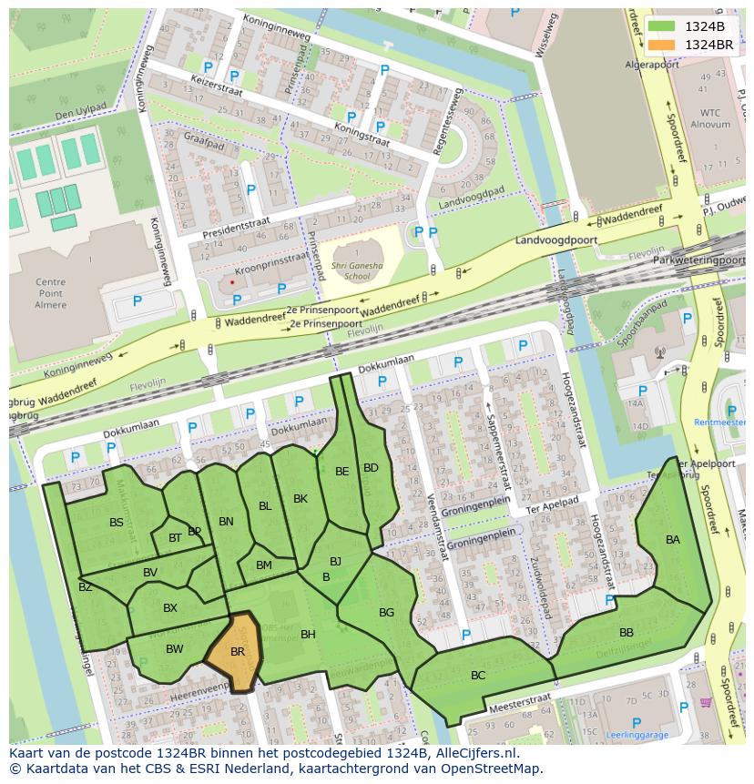 Afbeelding van het postcodegebied 1324 BR op de kaart.