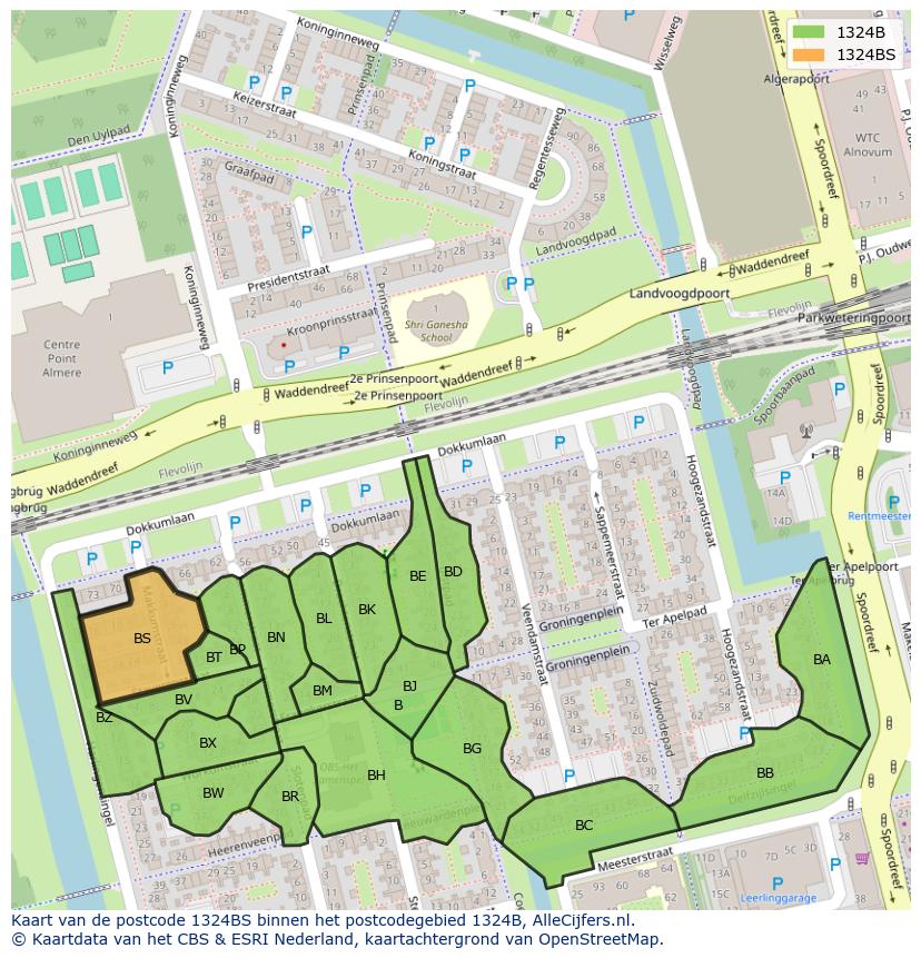 Afbeelding van het postcodegebied 1324 BS op de kaart.
