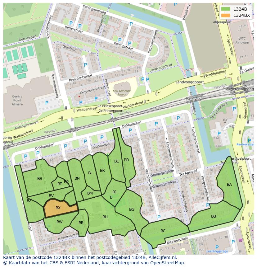 Afbeelding van het postcodegebied 1324 BX op de kaart.