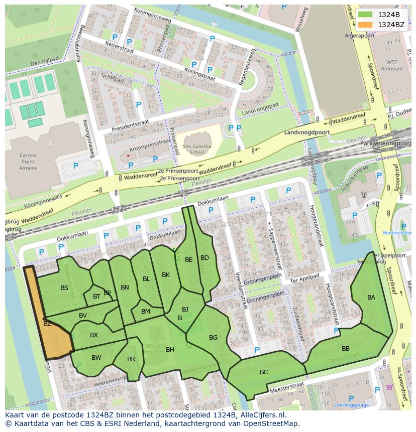Afbeelding van het postcodegebied 1324 BZ op de kaart.
