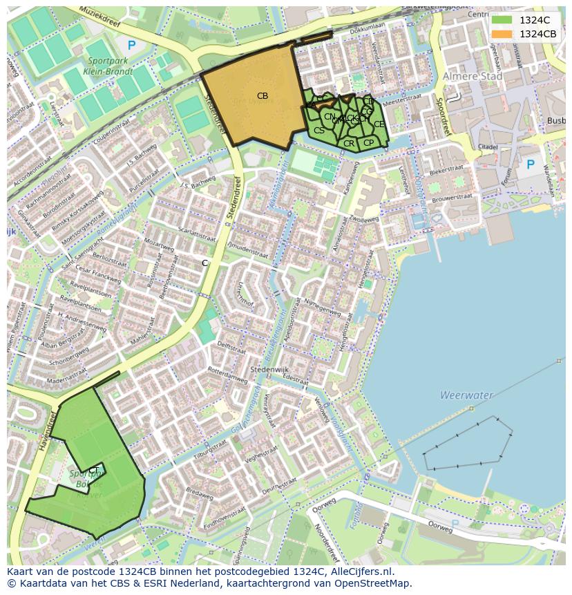 Afbeelding van het postcodegebied 1324 CB op de kaart.