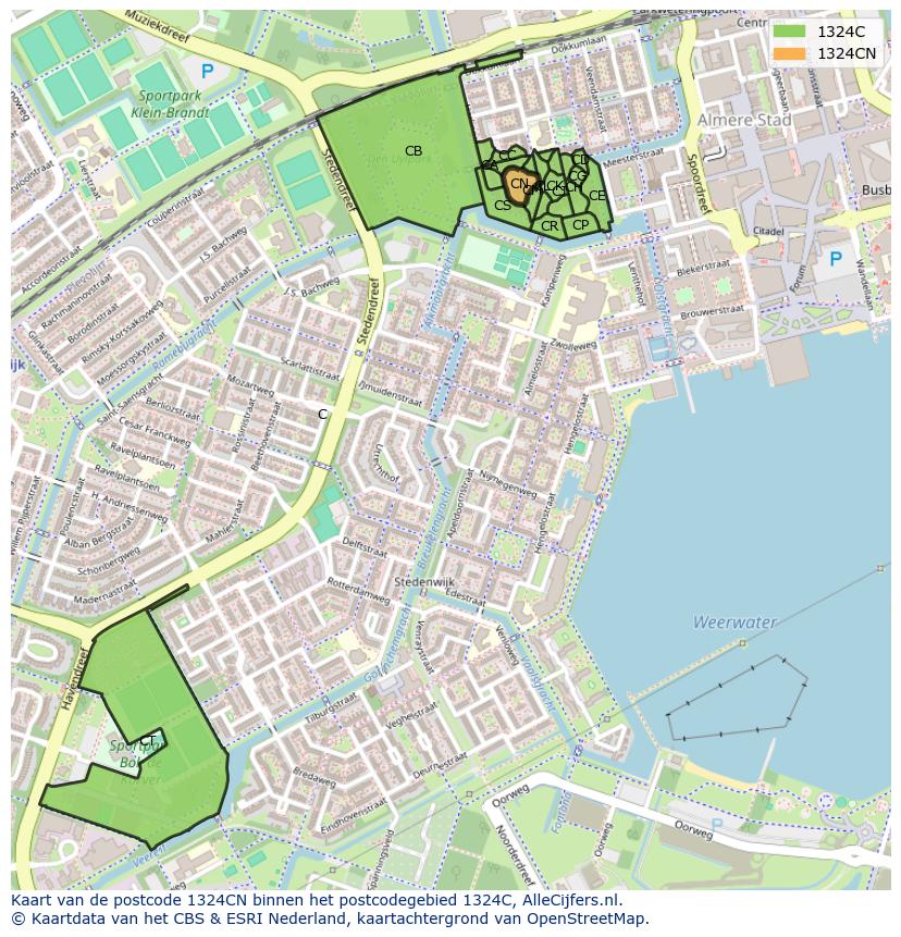 Afbeelding van het postcodegebied 1324 CN op de kaart.