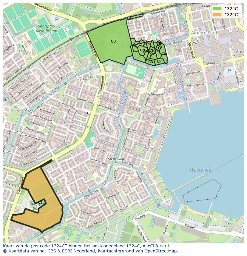 Afbeelding van het postcodegebied 1324 CT op de kaart.