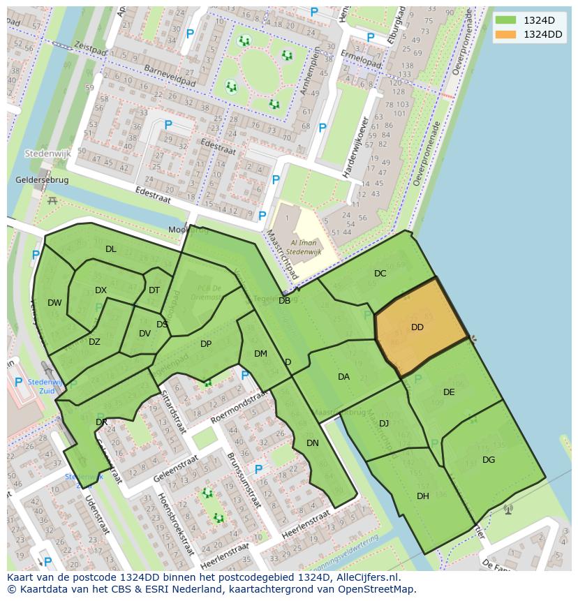 Afbeelding van het postcodegebied 1324 DD op de kaart.