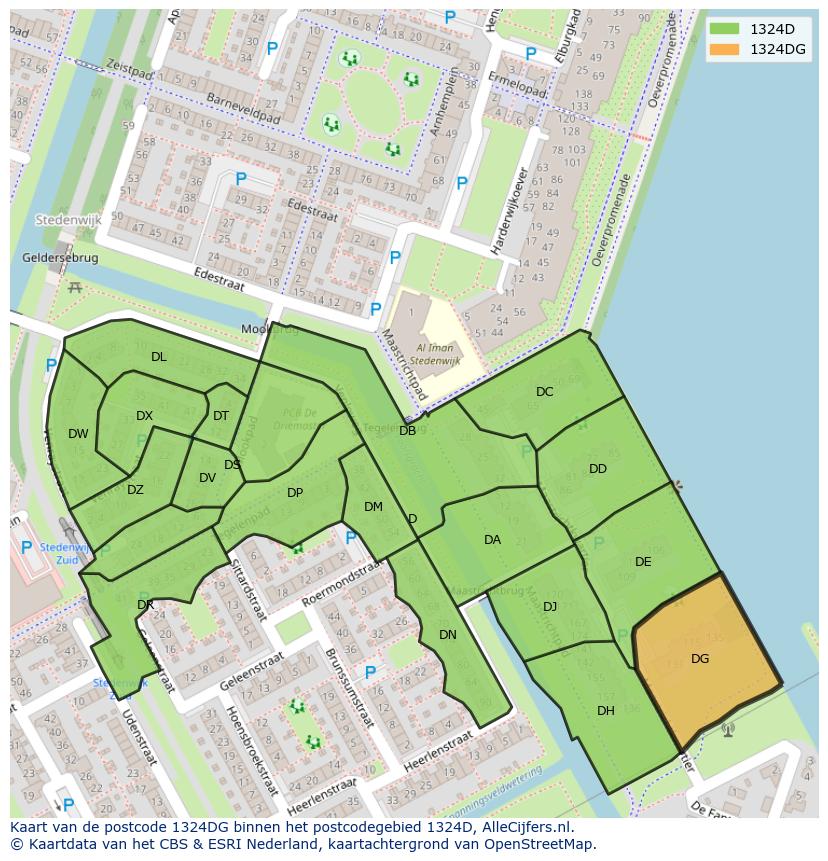 Afbeelding van het postcodegebied 1324 DG op de kaart.