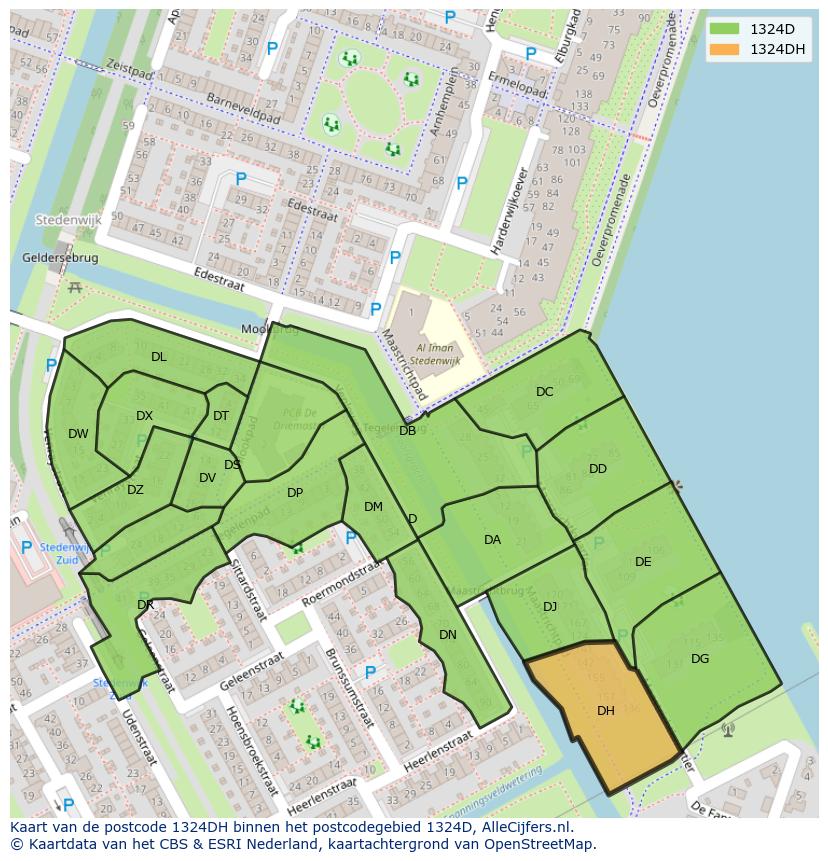 Afbeelding van het postcodegebied 1324 DH op de kaart.