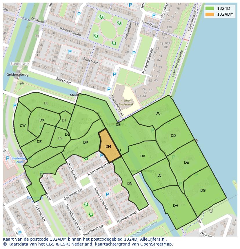 Afbeelding van het postcodegebied 1324 DM op de kaart.