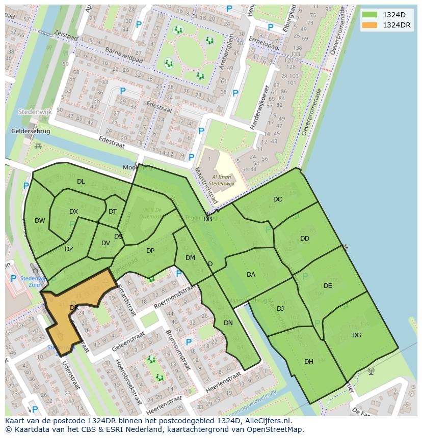 Afbeelding van het postcodegebied 1324 DR op de kaart.