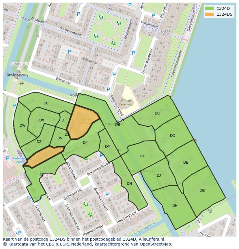 Afbeelding van het postcodegebied 1324 DS op de kaart.