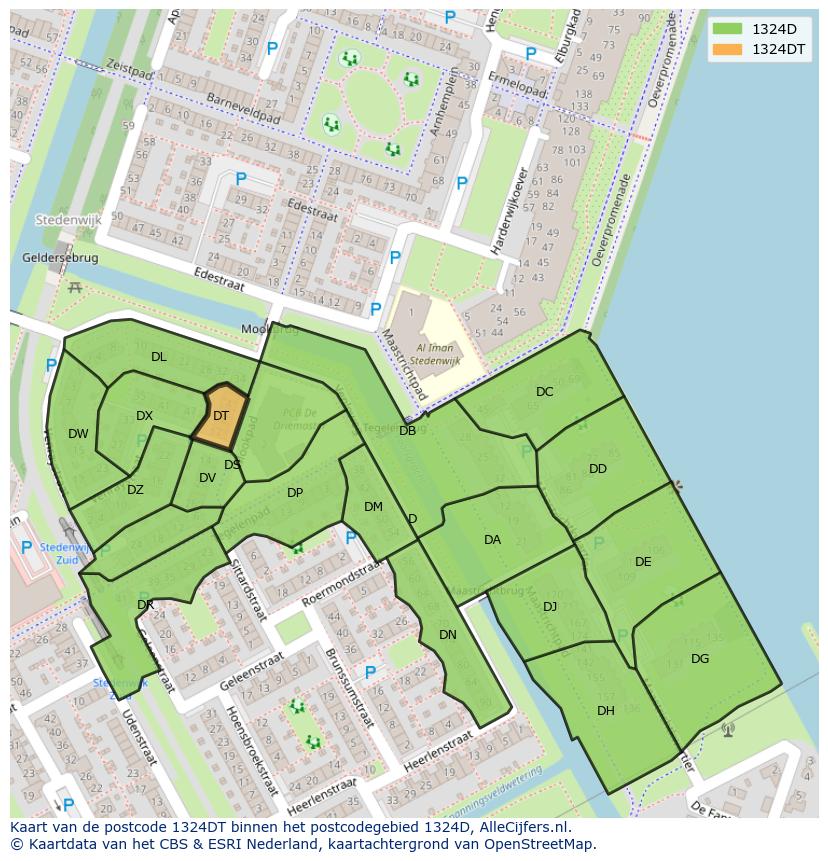 Afbeelding van het postcodegebied 1324 DT op de kaart.