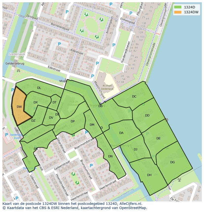 Afbeelding van het postcodegebied 1324 DW op de kaart.