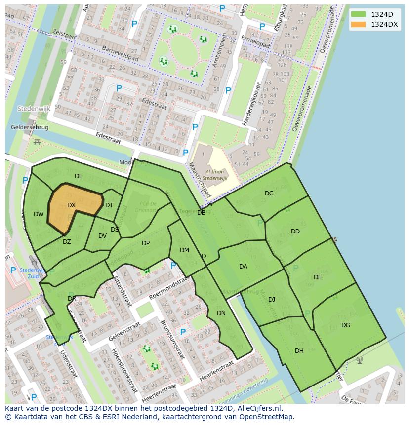 Afbeelding van het postcodegebied 1324 DX op de kaart.