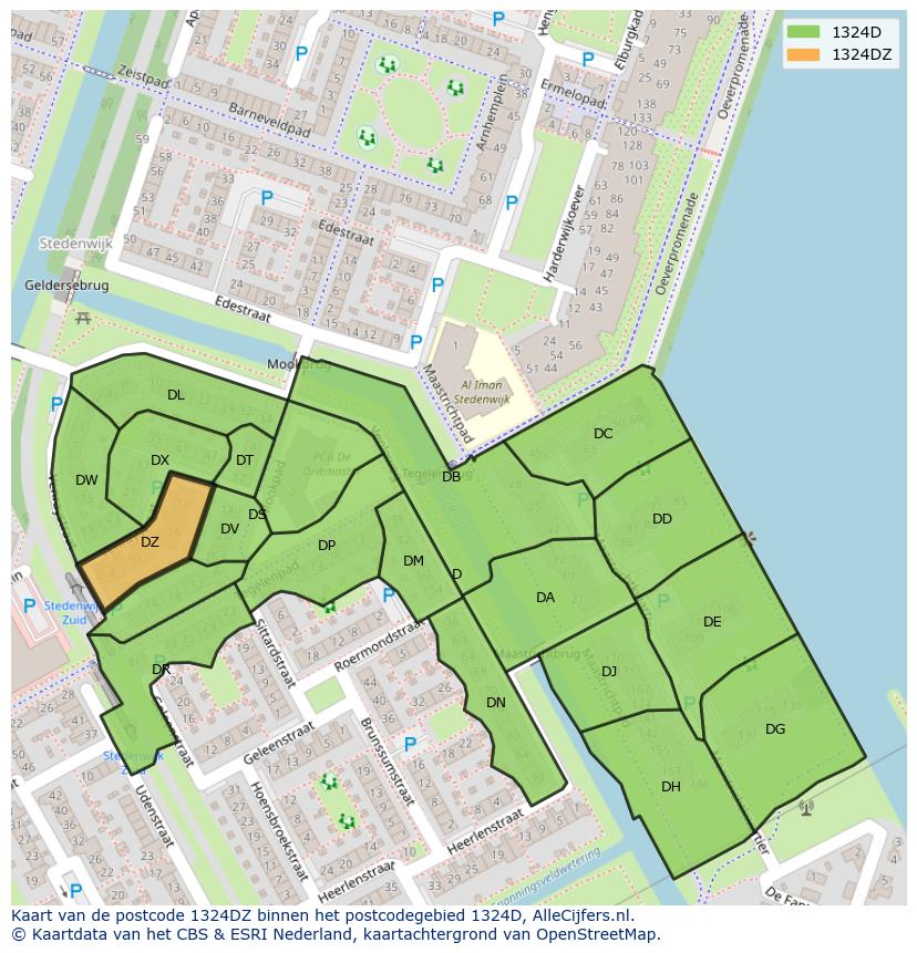 Afbeelding van het postcodegebied 1324 DZ op de kaart.