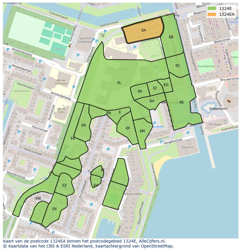 Afbeelding van het postcodegebied 1324 EA op de kaart.