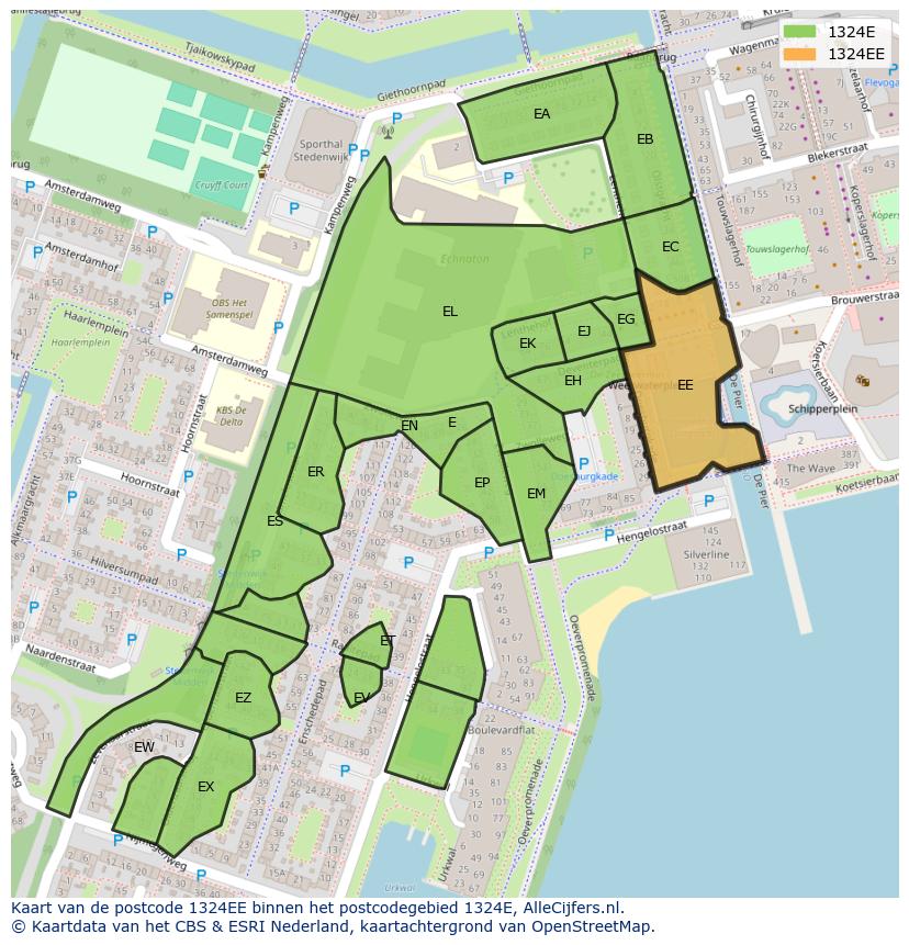 Afbeelding van het postcodegebied 1324 EE op de kaart.