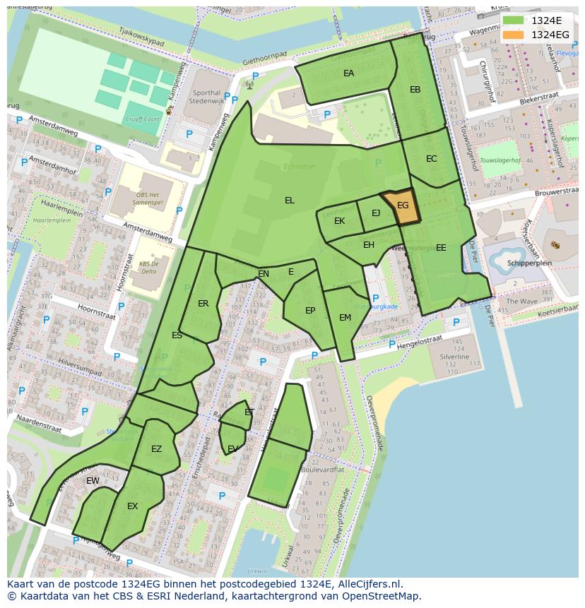 Afbeelding van het postcodegebied 1324 EG op de kaart.
