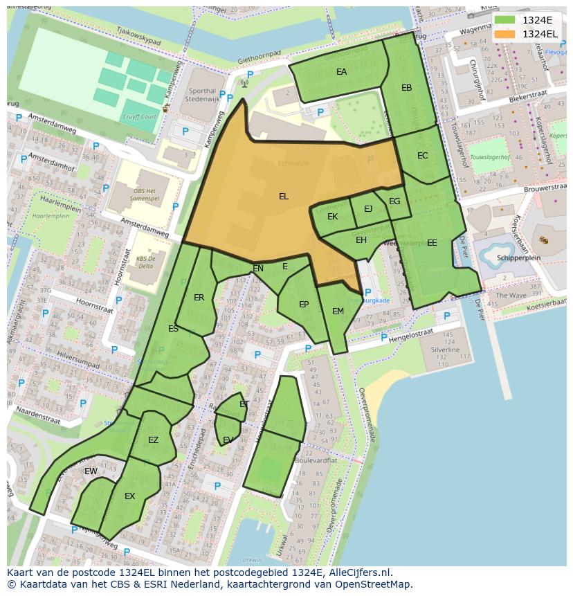 Afbeelding van het postcodegebied 1324 EL op de kaart.