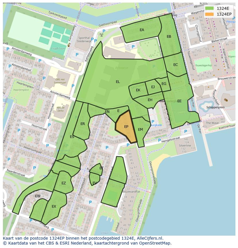 Afbeelding van het postcodegebied 1324 EP op de kaart.