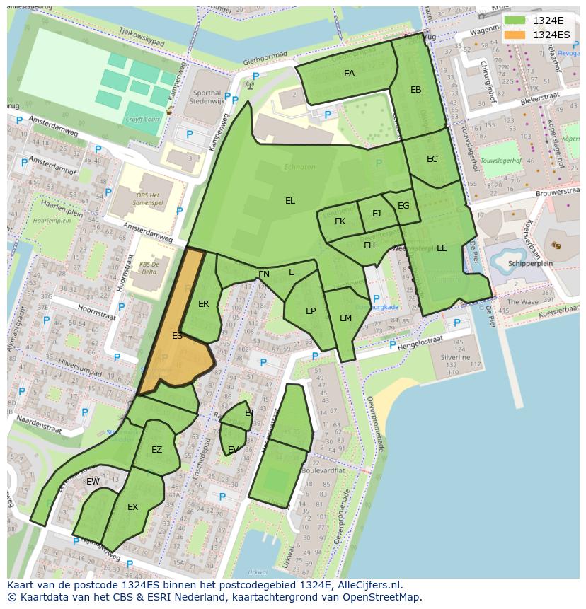 Afbeelding van het postcodegebied 1324 ES op de kaart.