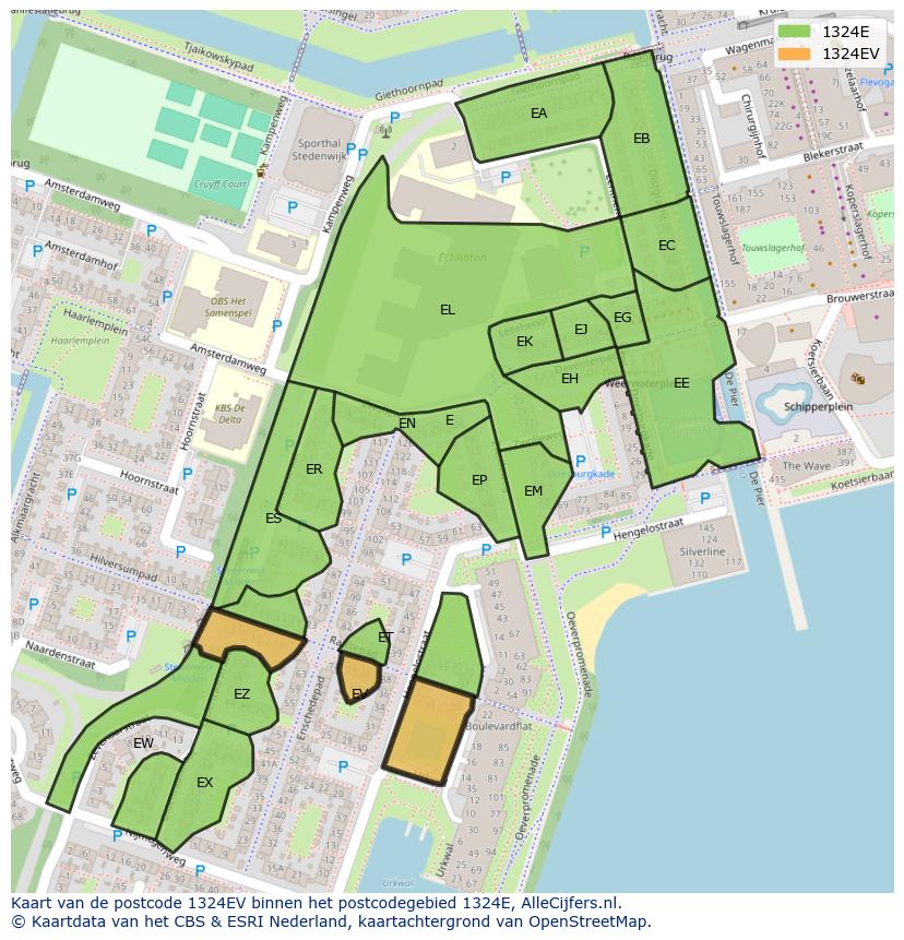 Afbeelding van het postcodegebied 1324 EV op de kaart.