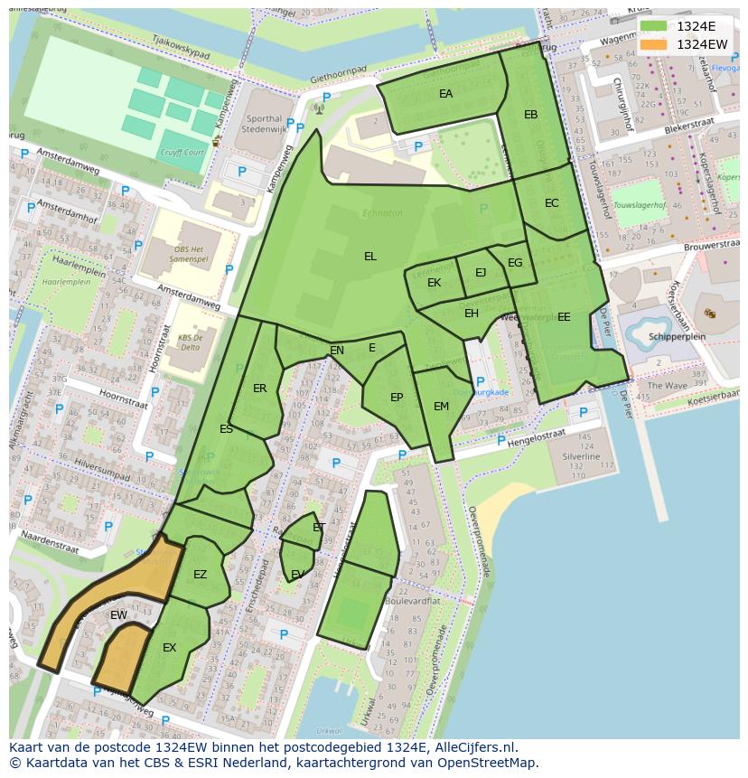 Afbeelding van het postcodegebied 1324 EW op de kaart.