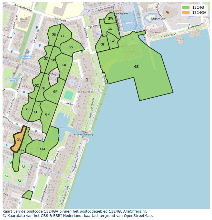 Afbeelding van het postcodegebied 1324 GA op de kaart.