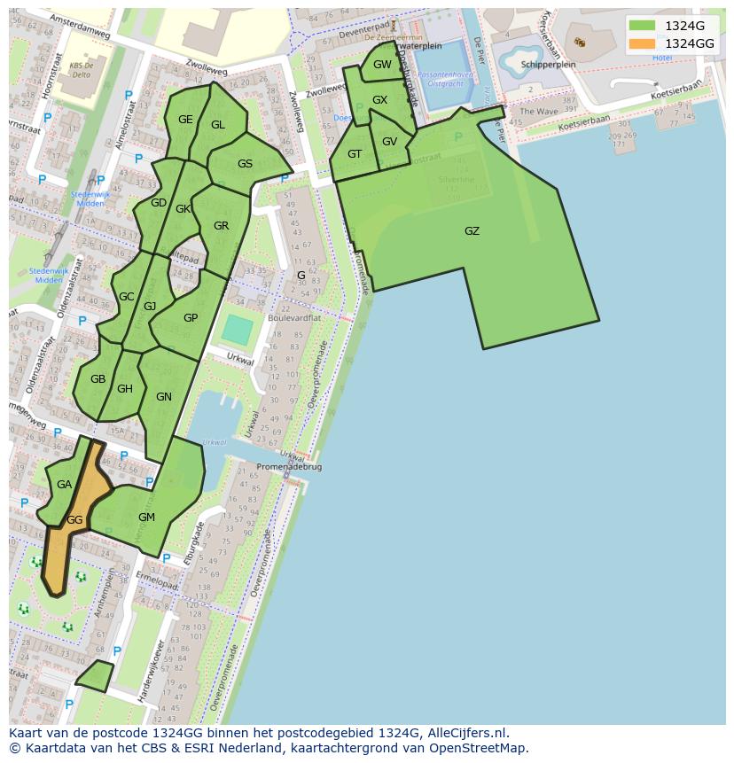 Afbeelding van het postcodegebied 1324 GG op de kaart.