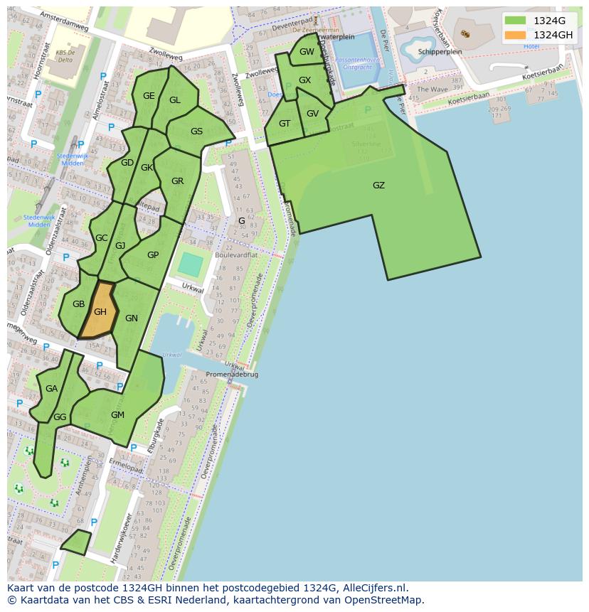 Afbeelding van het postcodegebied 1324 GH op de kaart.