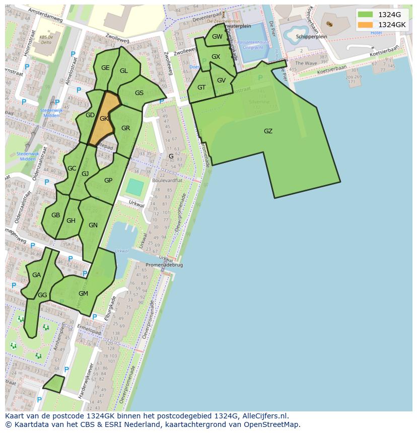 Afbeelding van het postcodegebied 1324 GK op de kaart.