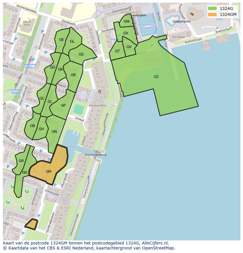 Afbeelding van het postcodegebied 1324 GM op de kaart.