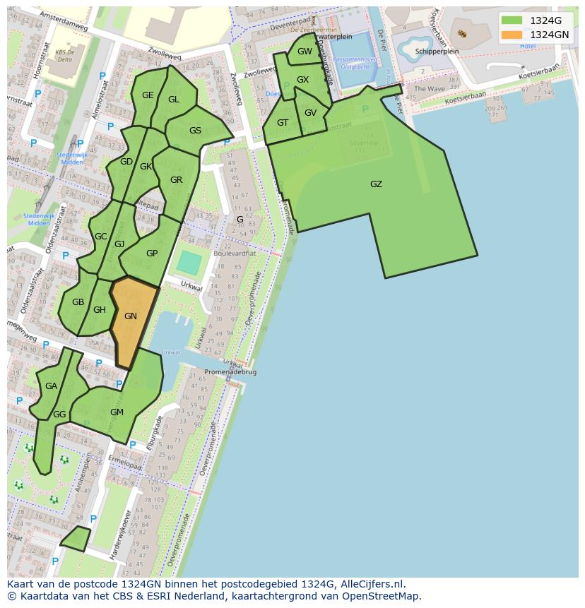 Afbeelding van het postcodegebied 1324 GN op de kaart.