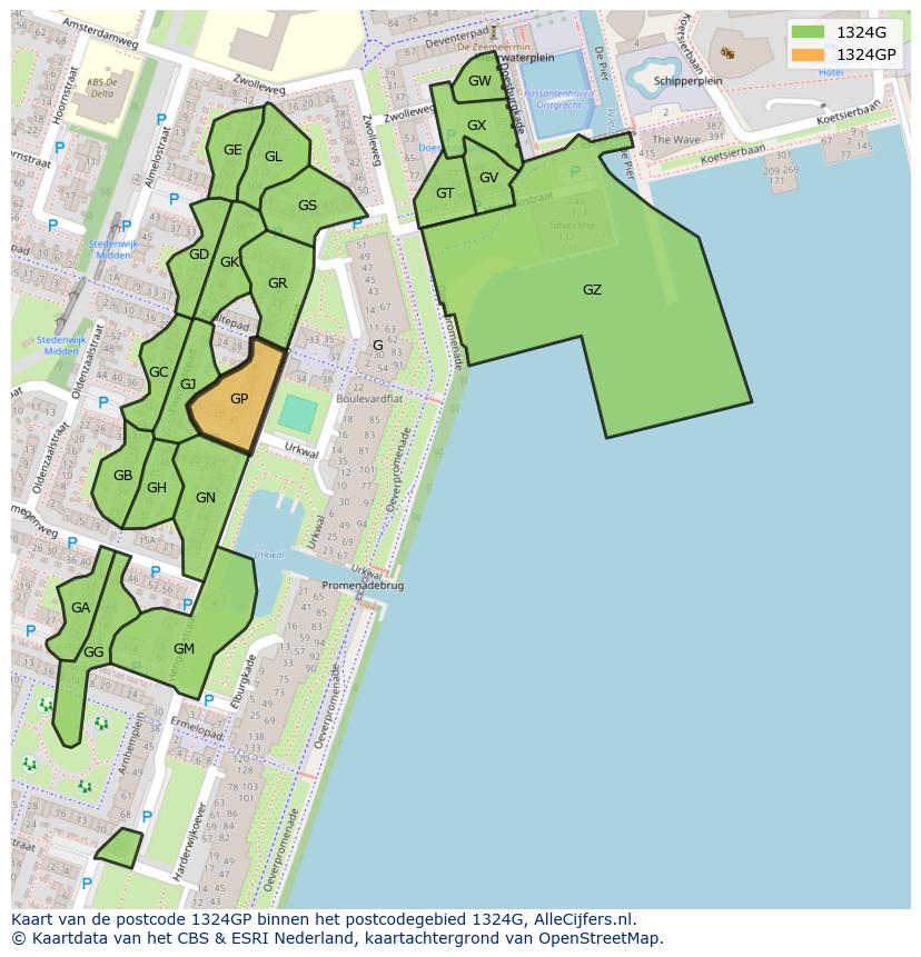 Afbeelding van het postcodegebied 1324 GP op de kaart.