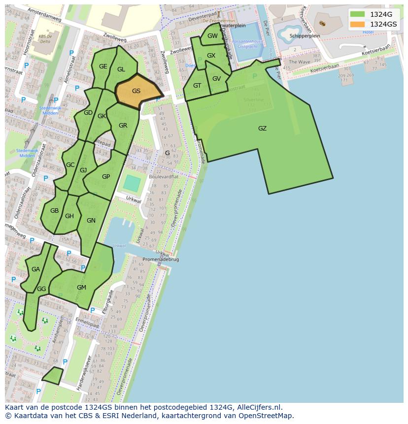 Afbeelding van het postcodegebied 1324 GS op de kaart.