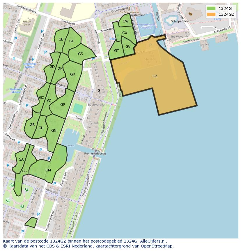 Afbeelding van het postcodegebied 1324 GZ op de kaart.