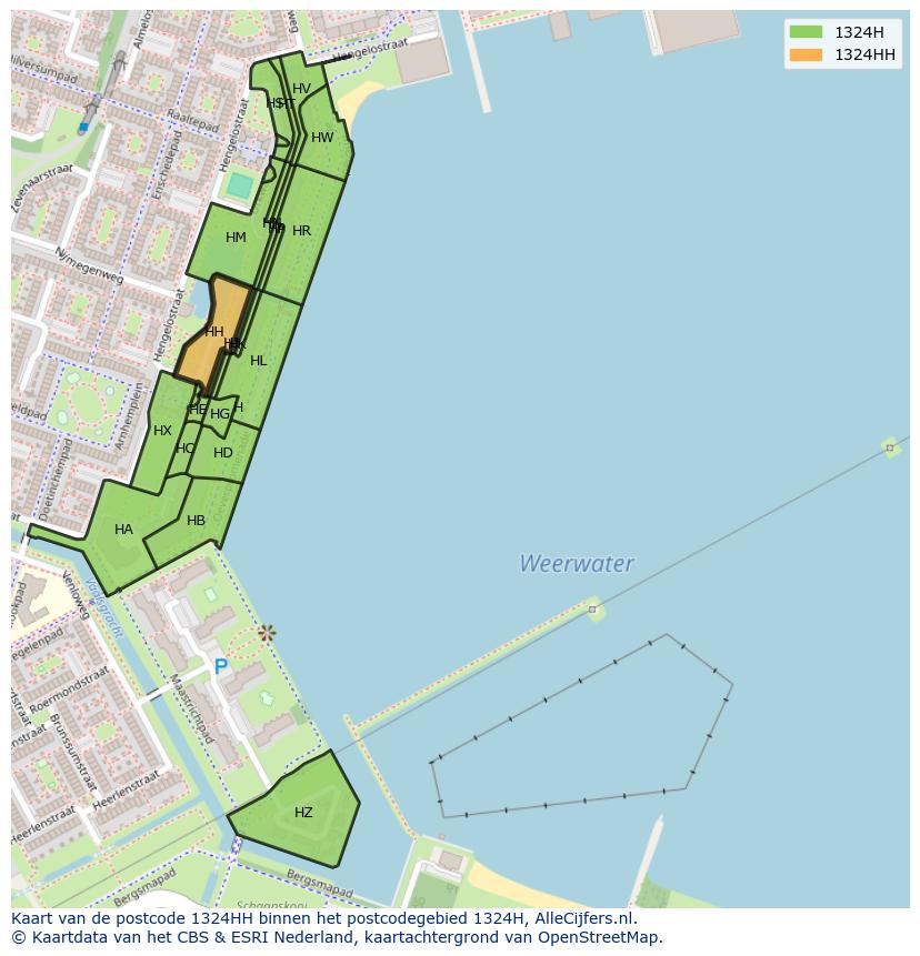 Afbeelding van het postcodegebied 1324 HH op de kaart.