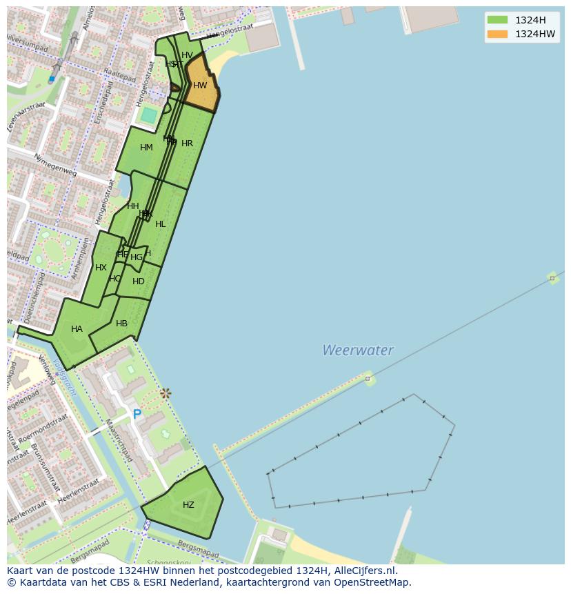 Afbeelding van het postcodegebied 1324 HW op de kaart.