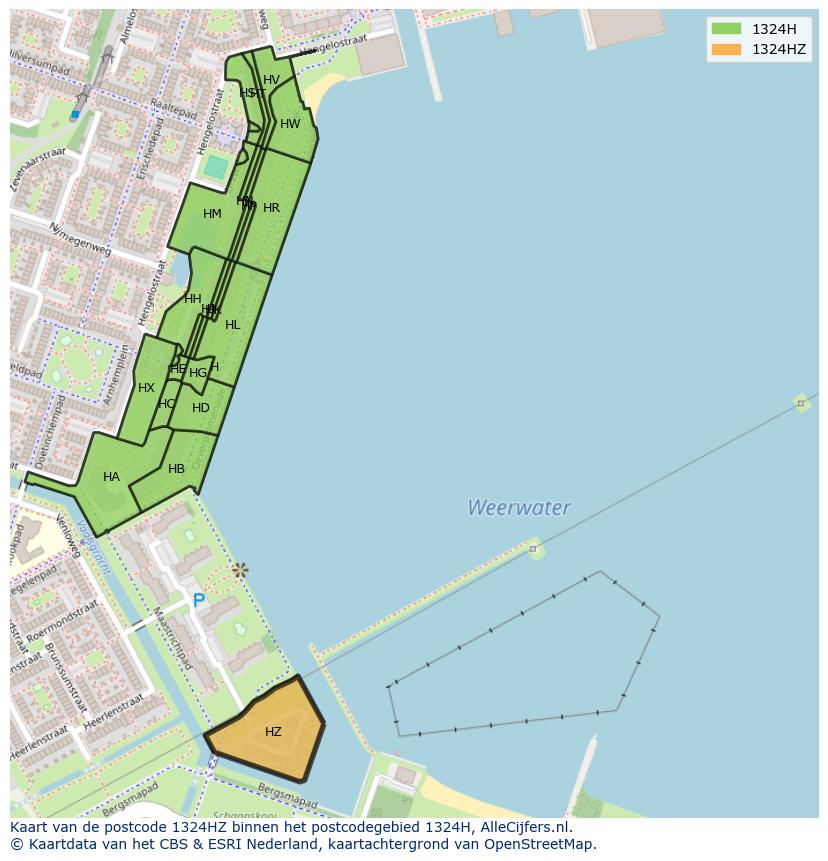 Afbeelding van het postcodegebied 1324 HZ op de kaart.
