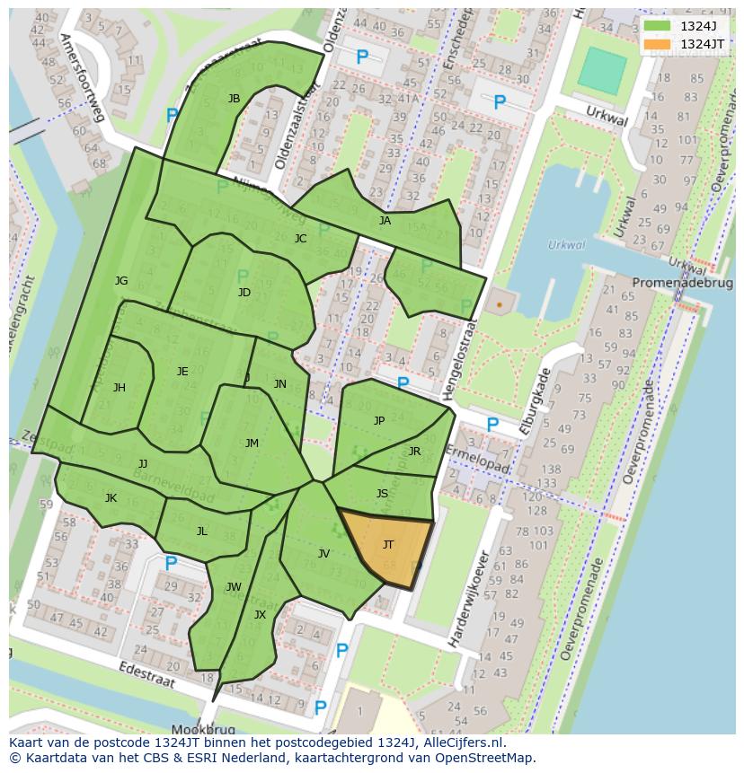 Afbeelding van het postcodegebied 1324 JT op de kaart.