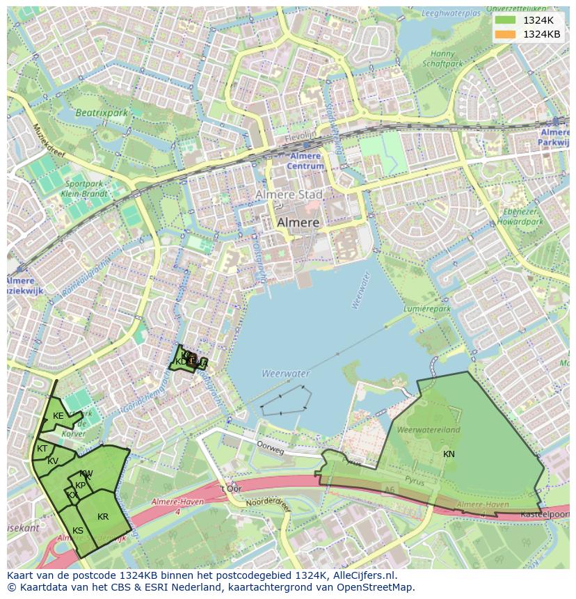 Afbeelding van het postcodegebied 1324 KB op de kaart.