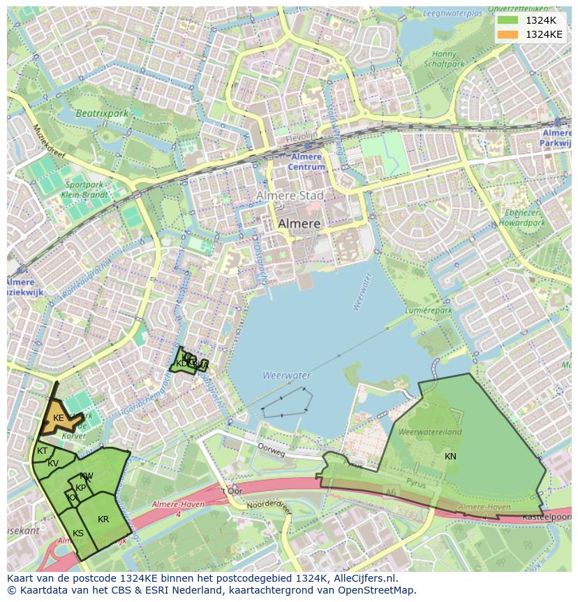 Afbeelding van het postcodegebied 1324 KE op de kaart.